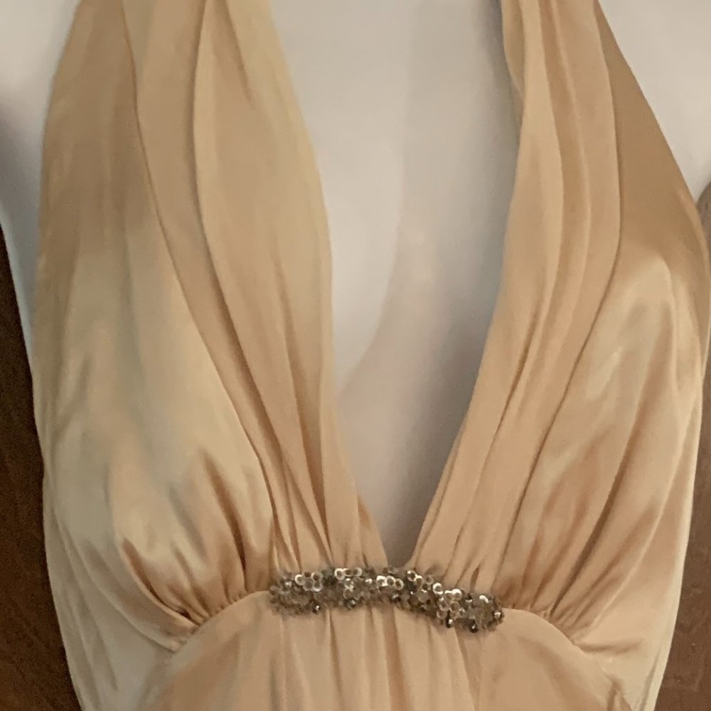 White House Black Market Halter Mini Dress Champagne Silk cocktail party Sz 4